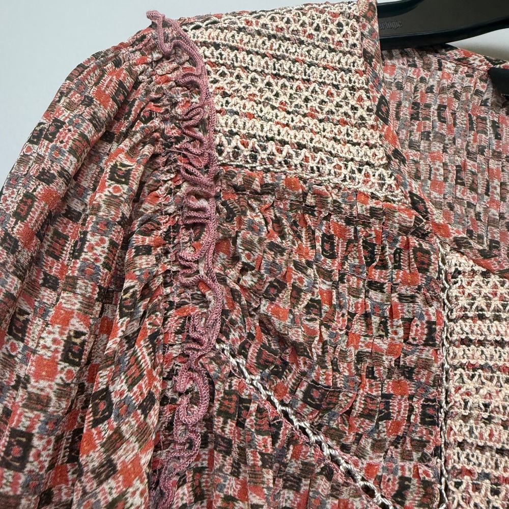 Isabel Marant Etoile 100% Silk Smocked Boho Peasant Geometric Tunic Top SIZE 12 - Picture 4 of 8